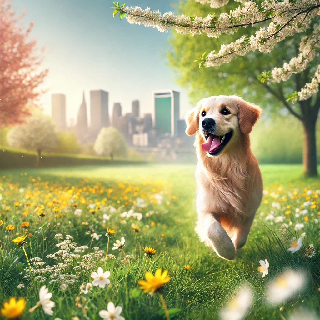 Hund läuft über Wiese