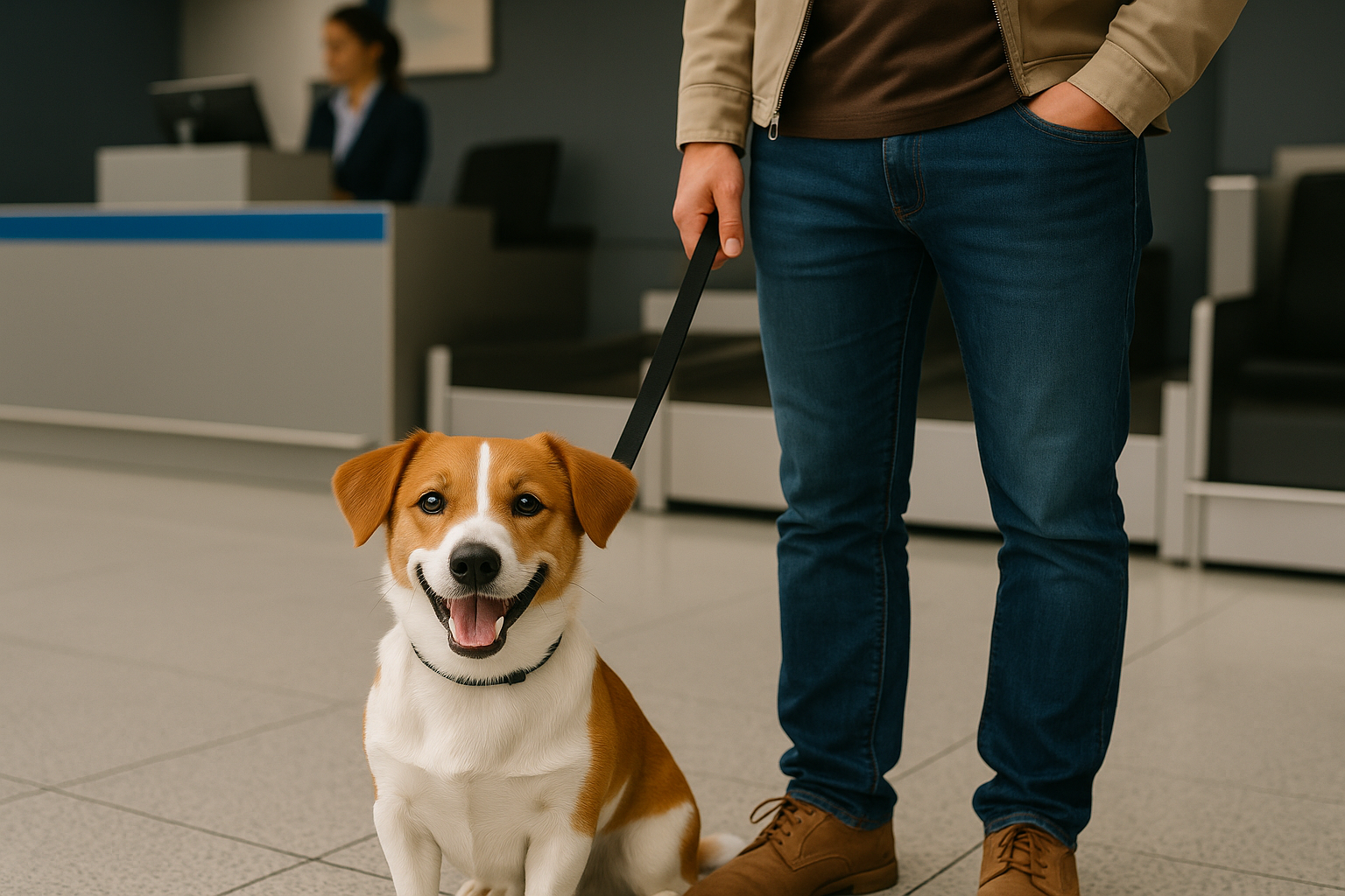 Hund mit Herrchen am Flughafen