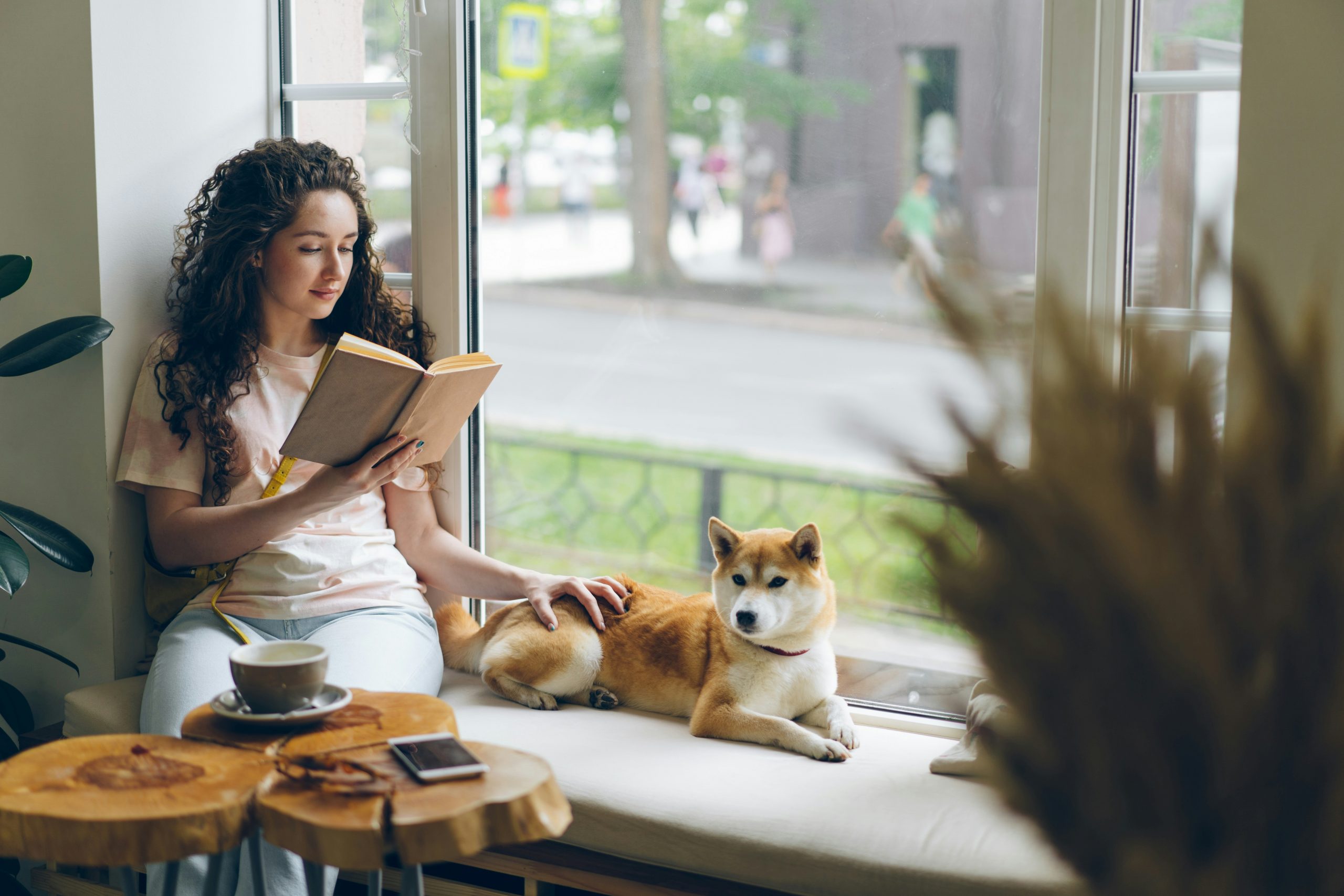 Frau lesend mit Hund im Cafe